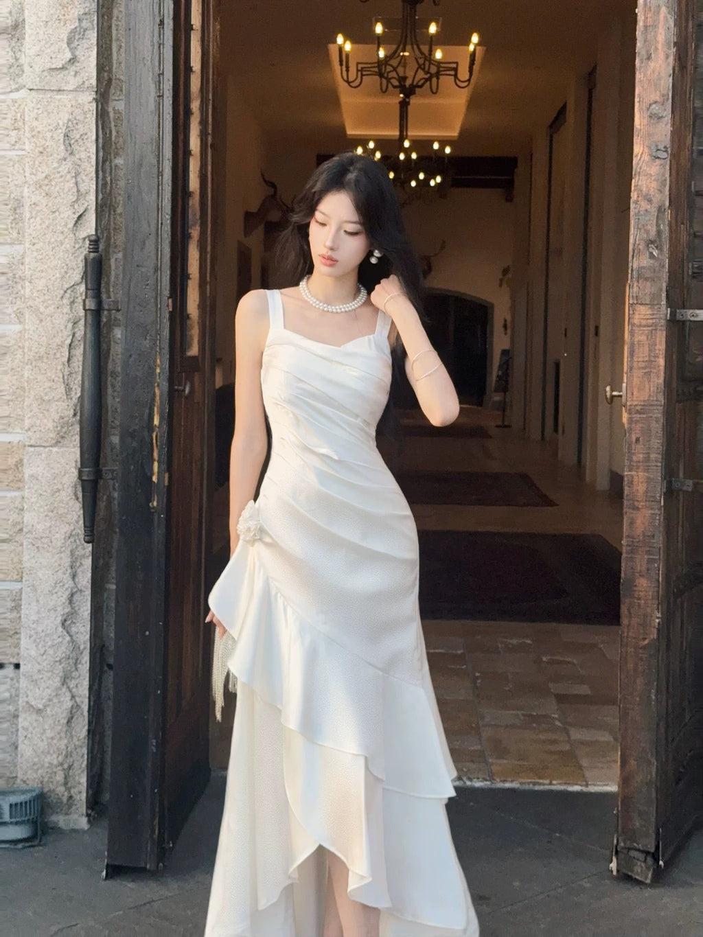White Mermaid Satin Tea Length Prom Dress, White Long Party Dress