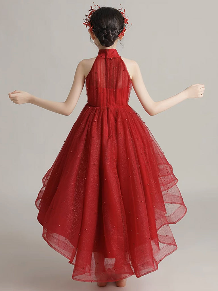 Burgundy Tulle High Low Short Flower Girl Dress with Lace Applique