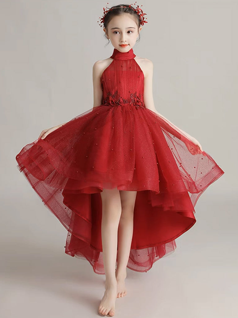Burgundy Tulle High Low Short Flower Girl Dress with Lace Applique