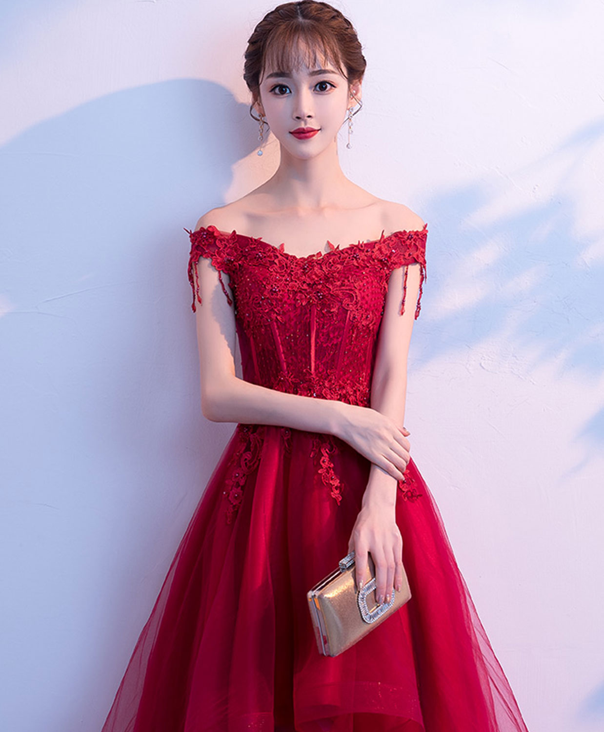 Burgundy Tulle Lace Prom Dress, Burgundy Tulle Evening Dress