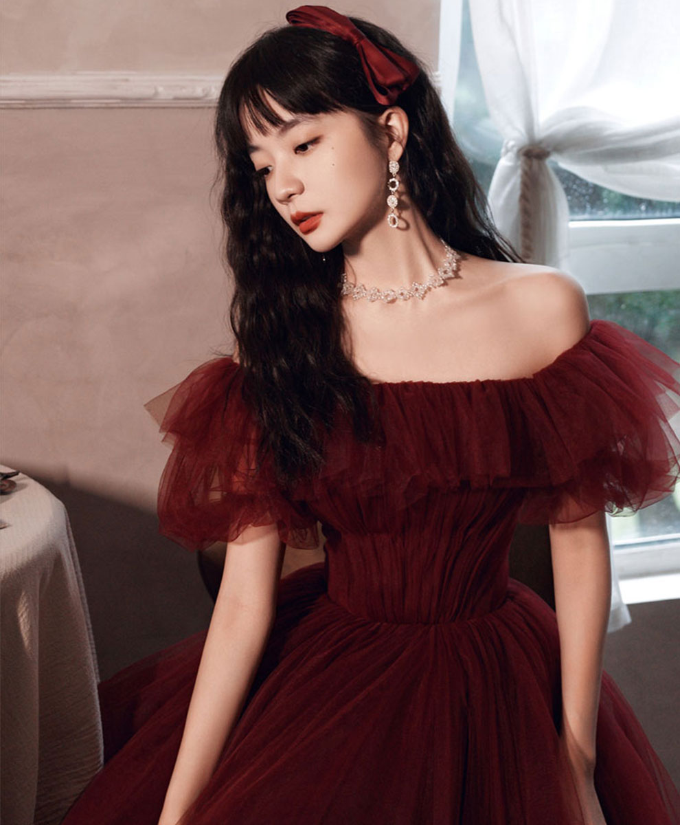 Simple Burgundy Off Shoulder Tulle Long Prom Dress Burgundy Evening Dress