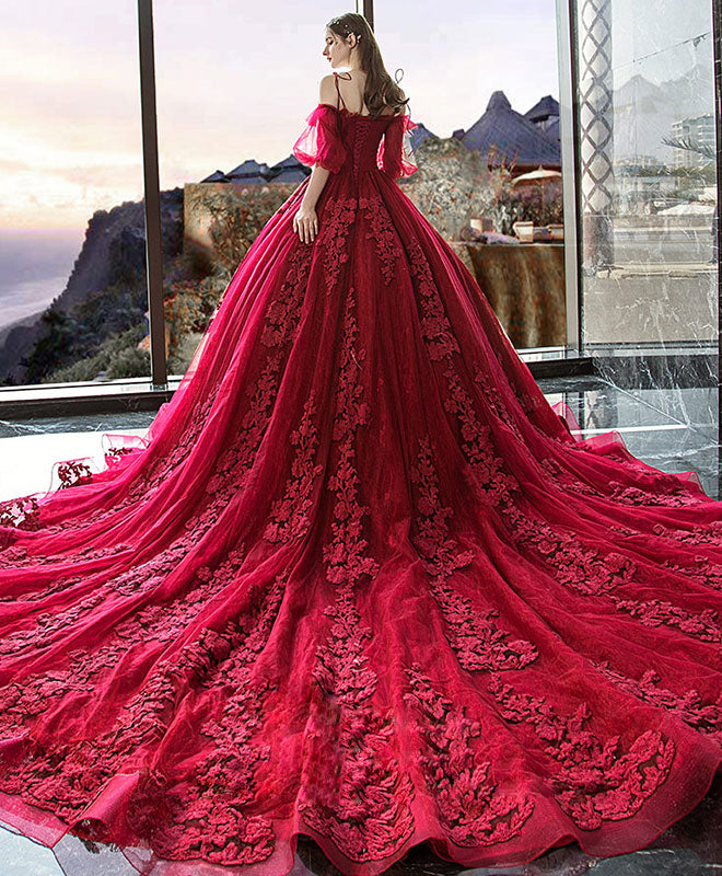 Burgundy Sweetheart Tulle Lace Long Evening Dress, Formal Dress