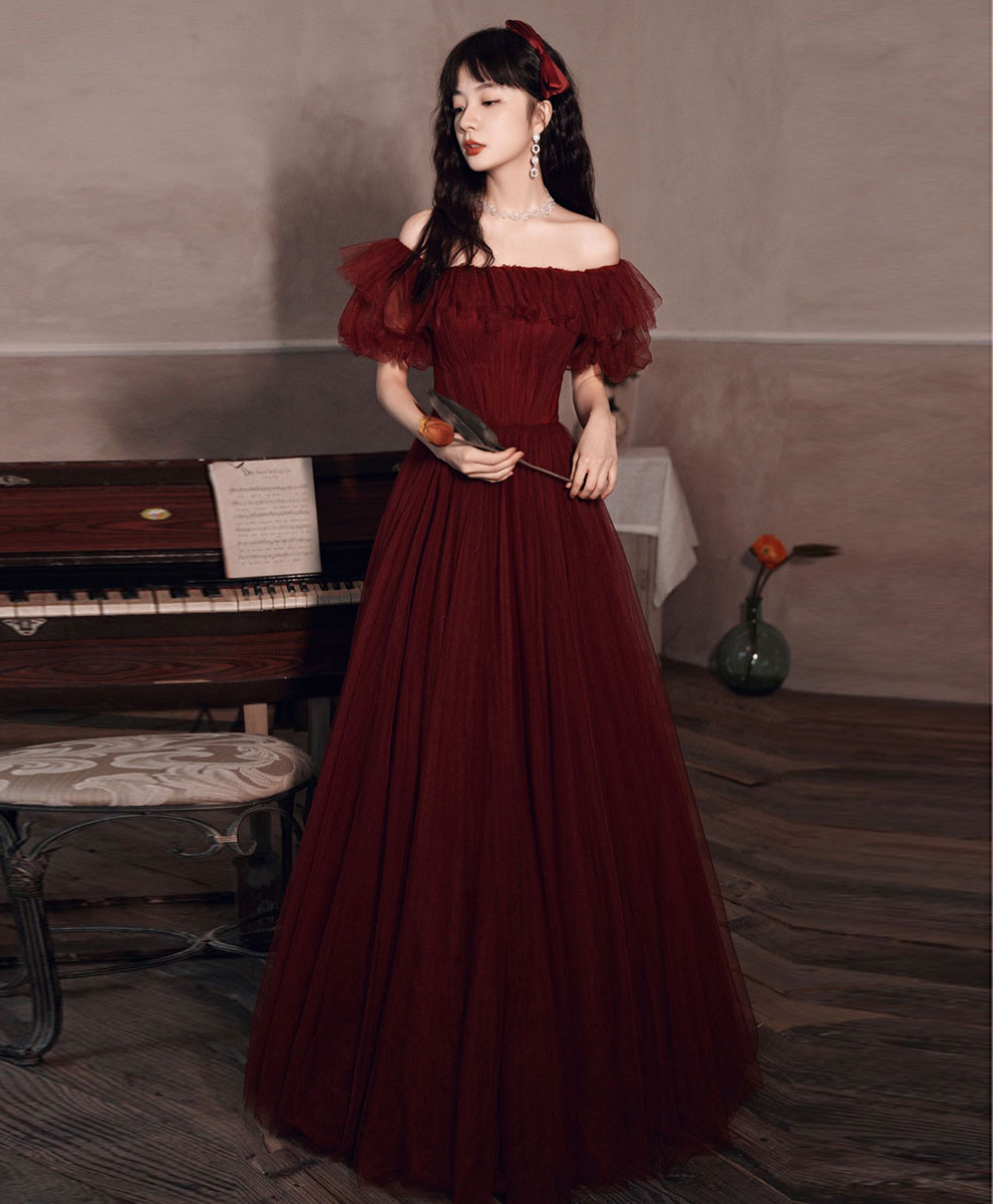 Simple Burgundy Off Shoulder Tulle Long Prom Dress Burgundy Evening Dress