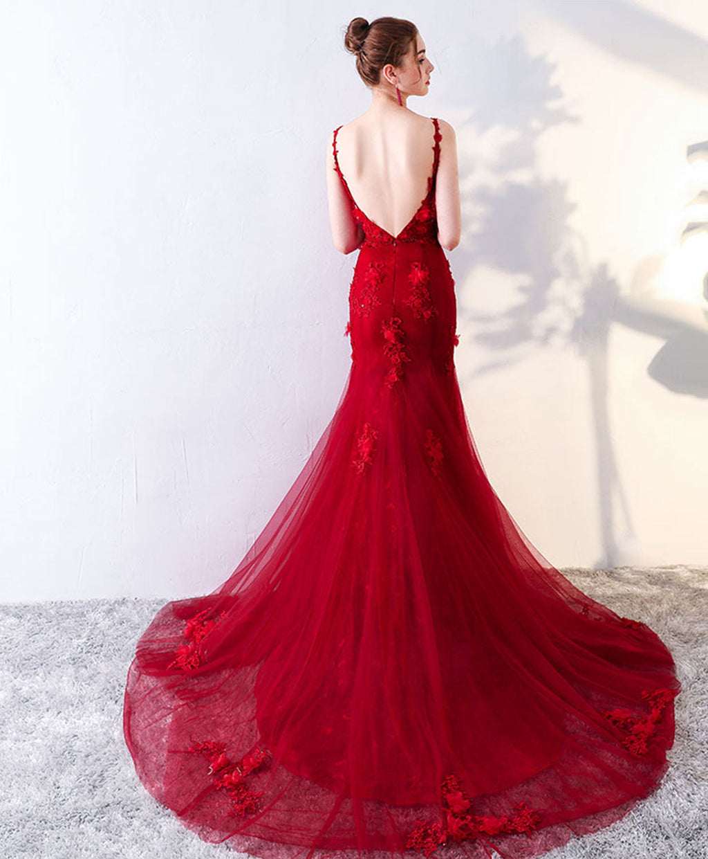 Burgundy Mermaid Long Prom Dress, Lace Mermaid Lace Long Evening Dress