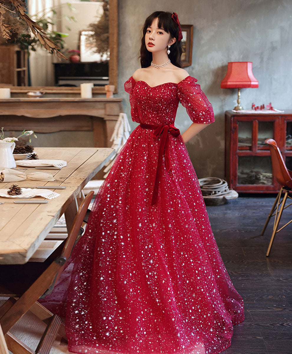 Red Aline Tulle Long Prom Dress, Red Tulle Formal Graduation Dresses