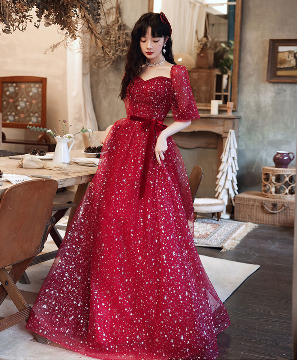 Red Aline Tulle Long Prom Dress, Red Tulle Formal Graduation Dresses