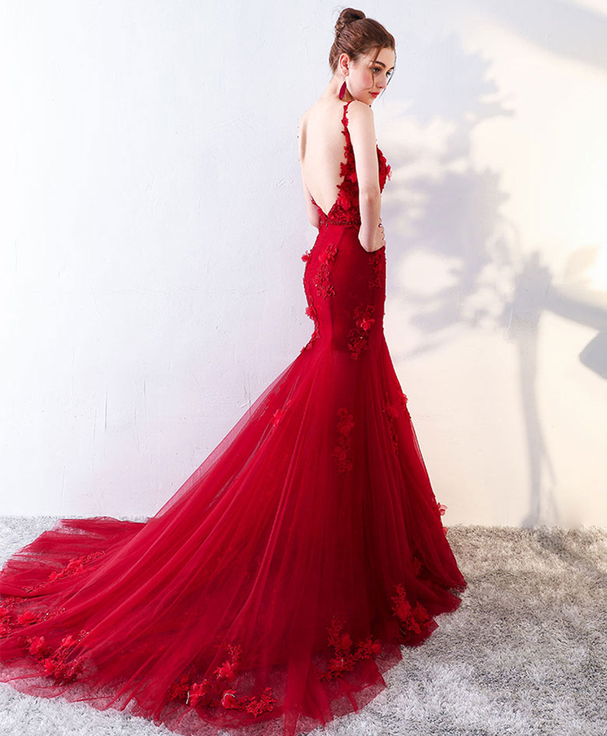 Burgundy Mermaid Long Prom Dress, Lace Mermaid Lace Long Evening Dress