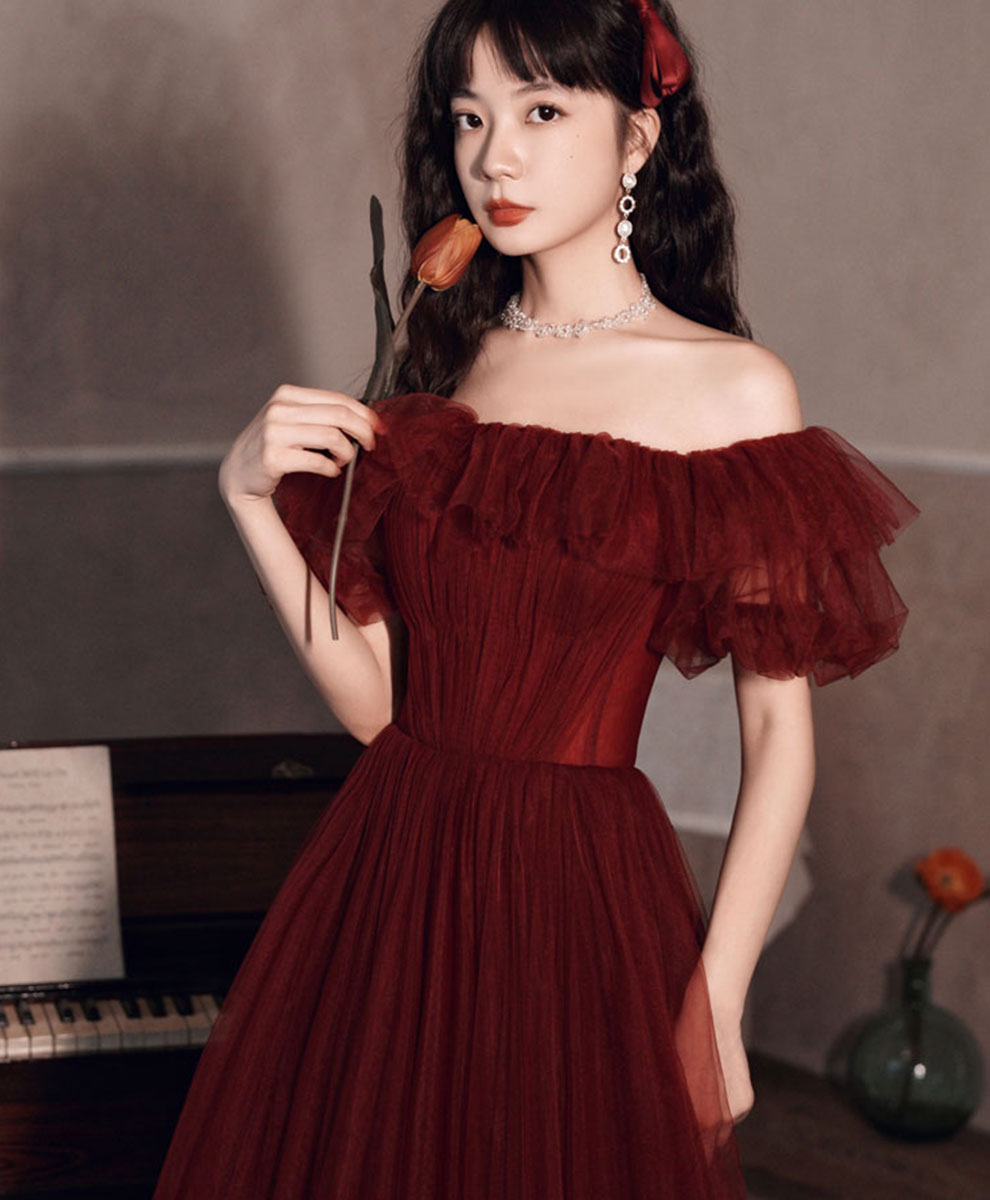 Simple Burgundy Off Shoulder Tulle Long Prom Dress Burgundy Evening Dress