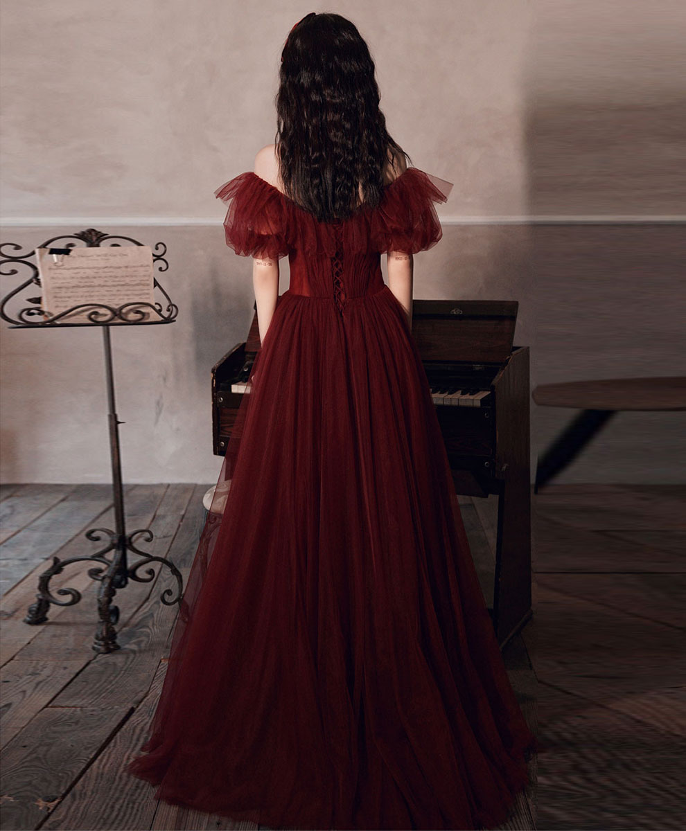 Simple Burgundy Off Shoulder Tulle Long Prom Dress Burgundy Evening Dress