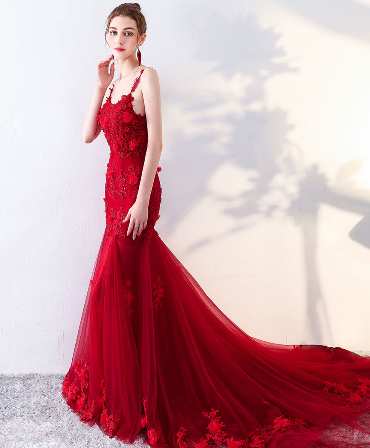 Burgundy Mermaid Long Prom Dress, Lace Mermaid Lace Long Evening Dress