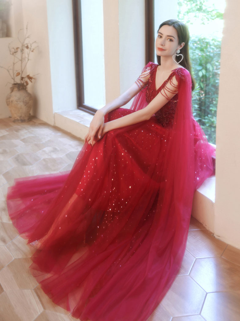 Burgundy V Neck Tulle Lace Beads Long Prom Dress, Burgundy Evening Dress