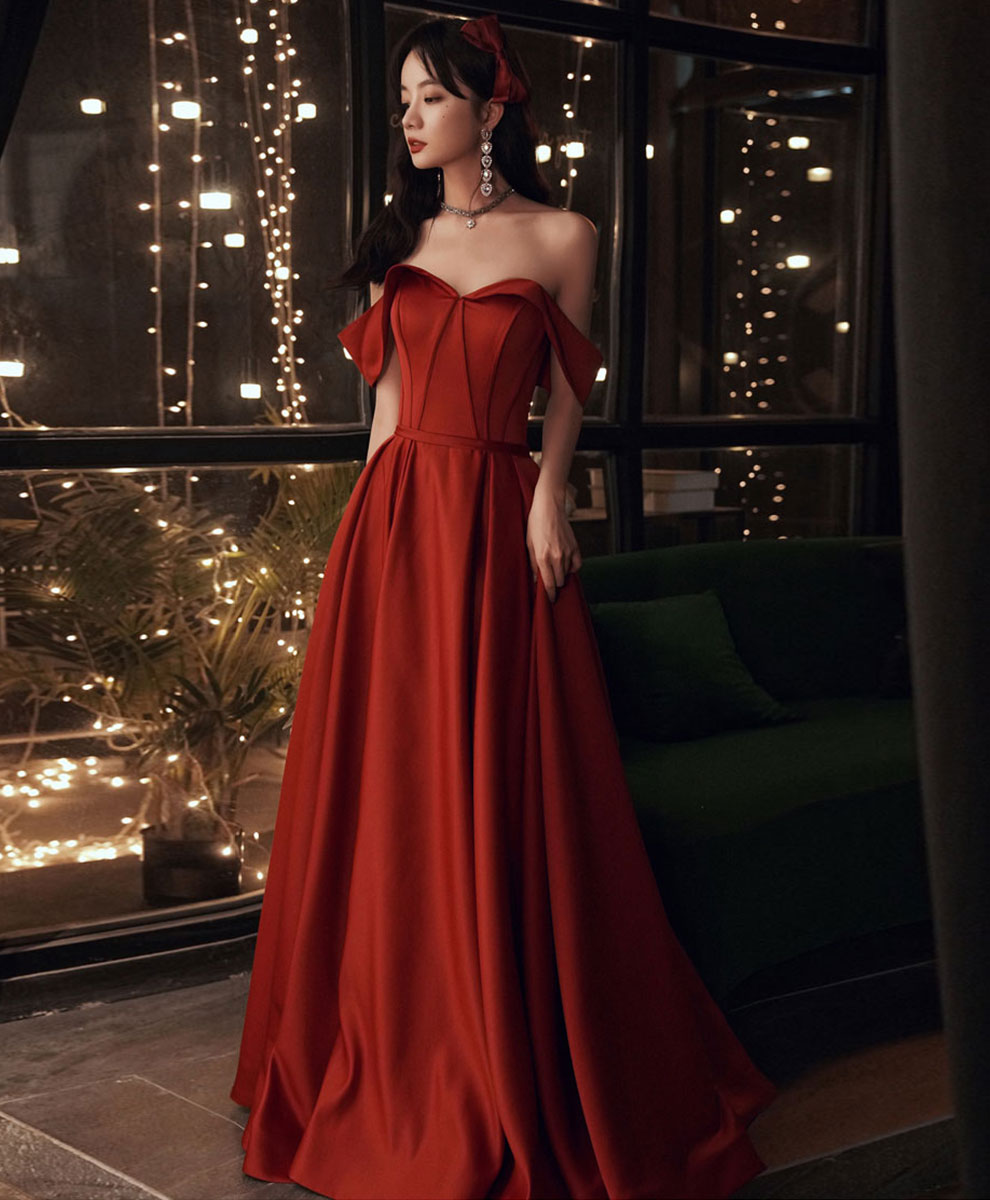 Simple Red Satin Long Prom Dress,  Formal Graduation Dresses
