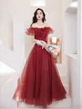 Burgundy Tulle Off Shoulder Long Prom Dress, Burgundy Evening Dress