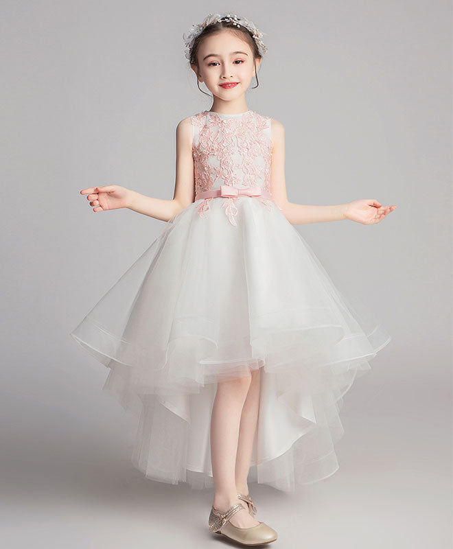 White Round Neck Tulle Lace High Low Prom Dress, Lace Flower Girl Dress