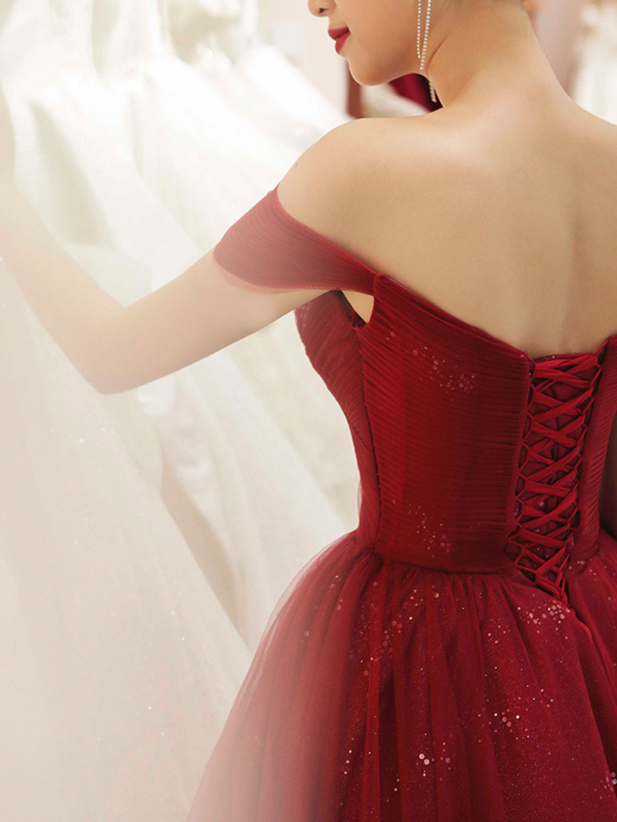Burgundy Sweetheart Tulle Sequin Long Prom Dress, Formal Burgundy Graduation Dresses