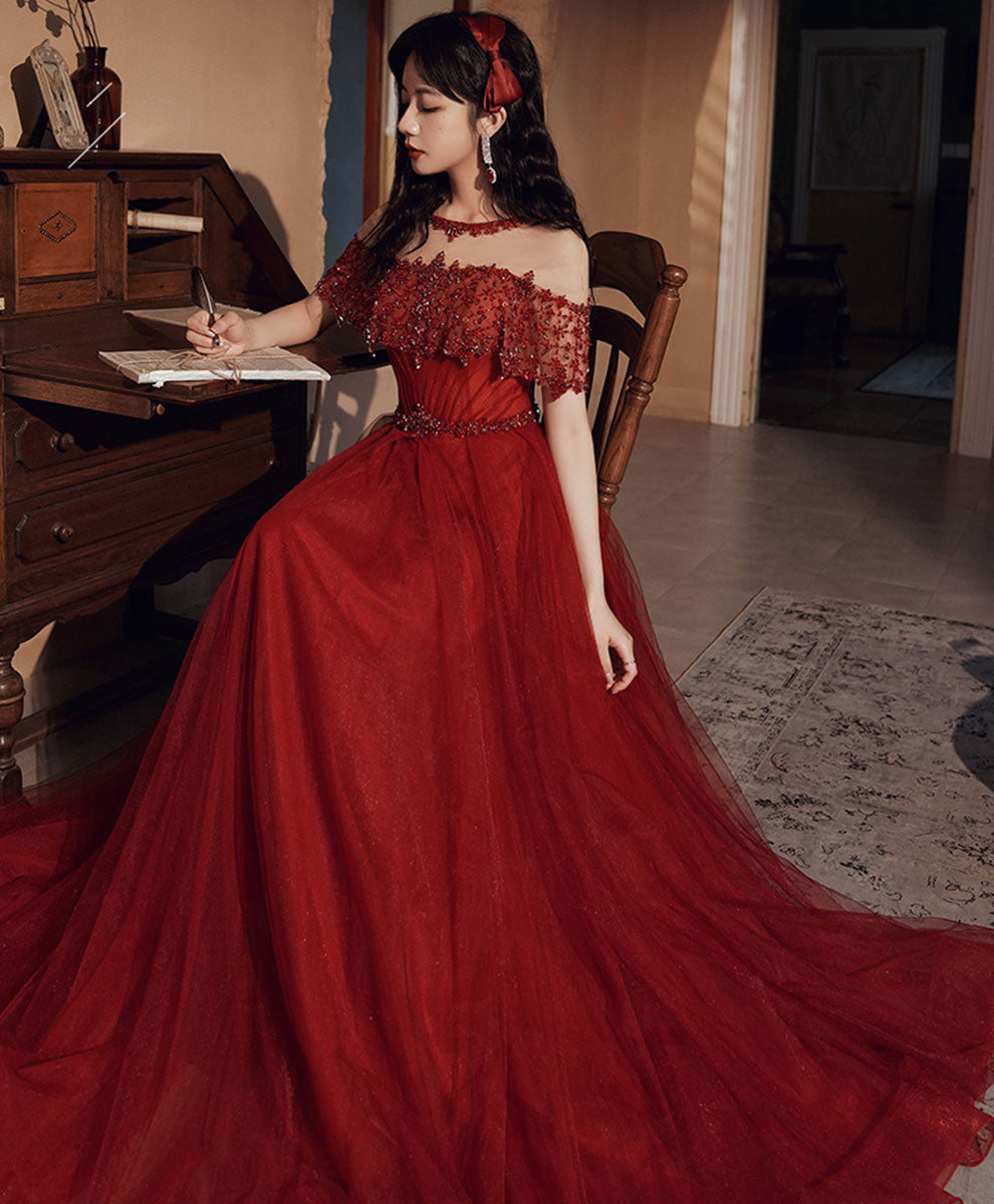 Burgundy Round Neck Beads Tulle Long Prom Dress, Burgundy Graduation Dresses