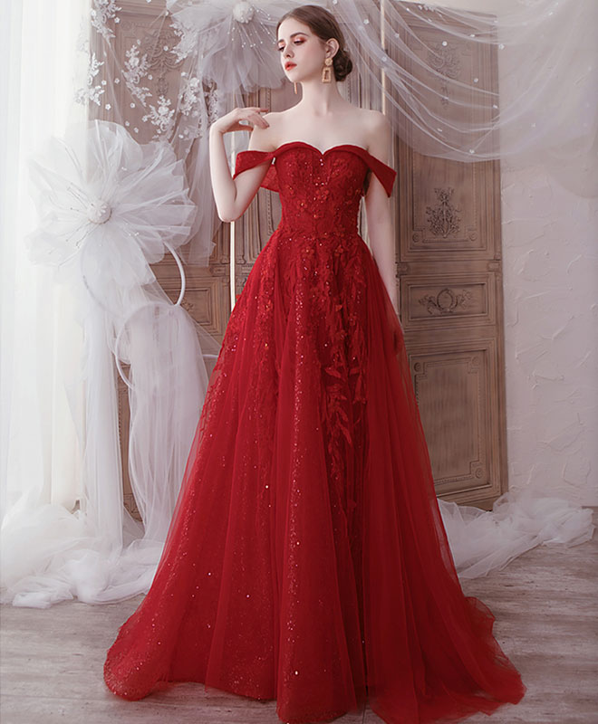 Burgundy Tulle Lace Off Shoulder Tulle Long Prom Dress Evening Dress