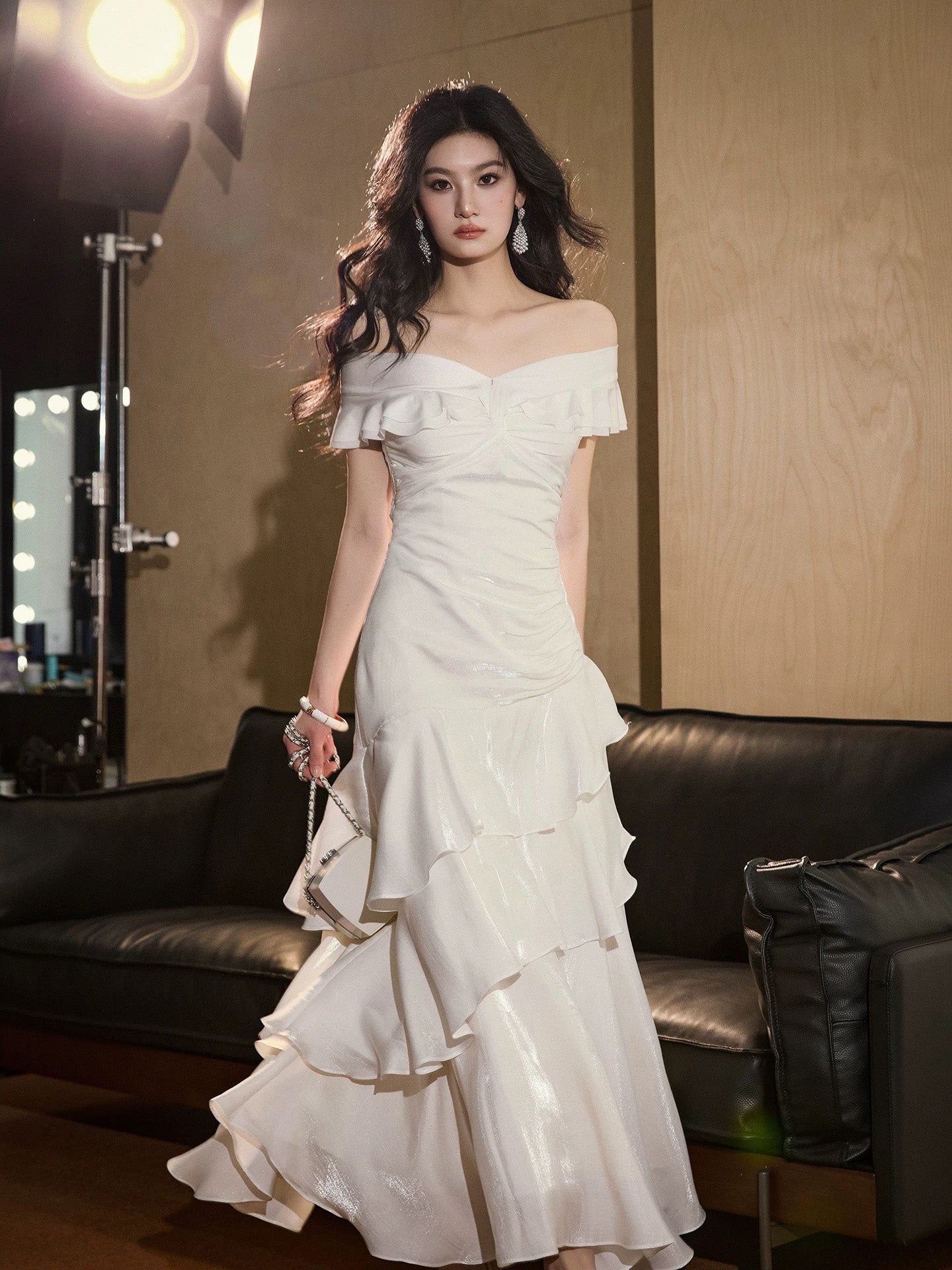 Mermaid Off Shoulder Silk Floor Length White Prom Dress