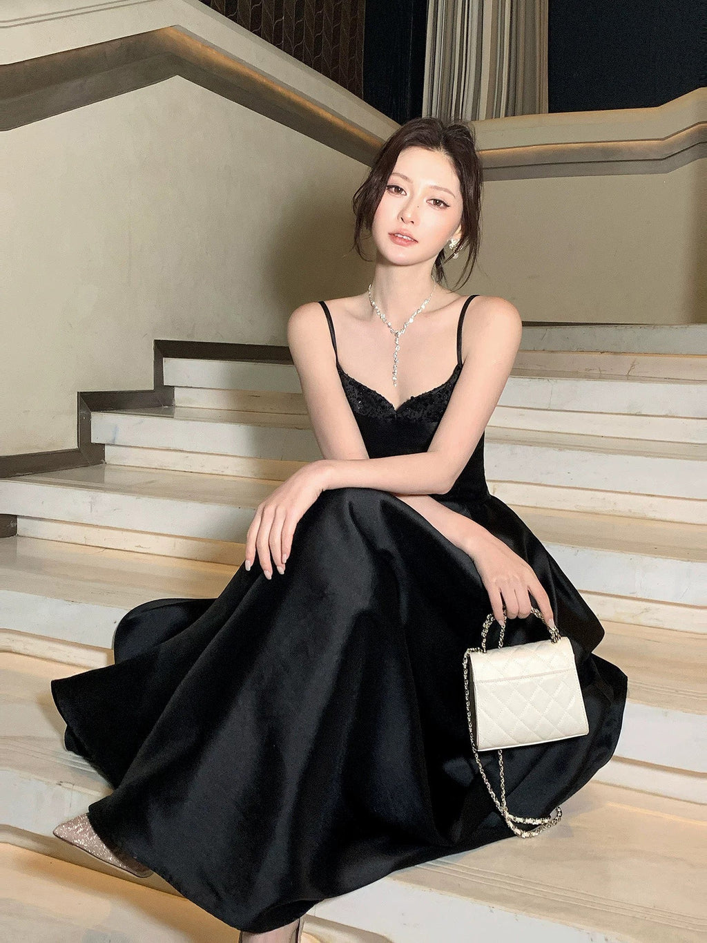 A-Line V Neck Satin Floor Length Black Prom Dress