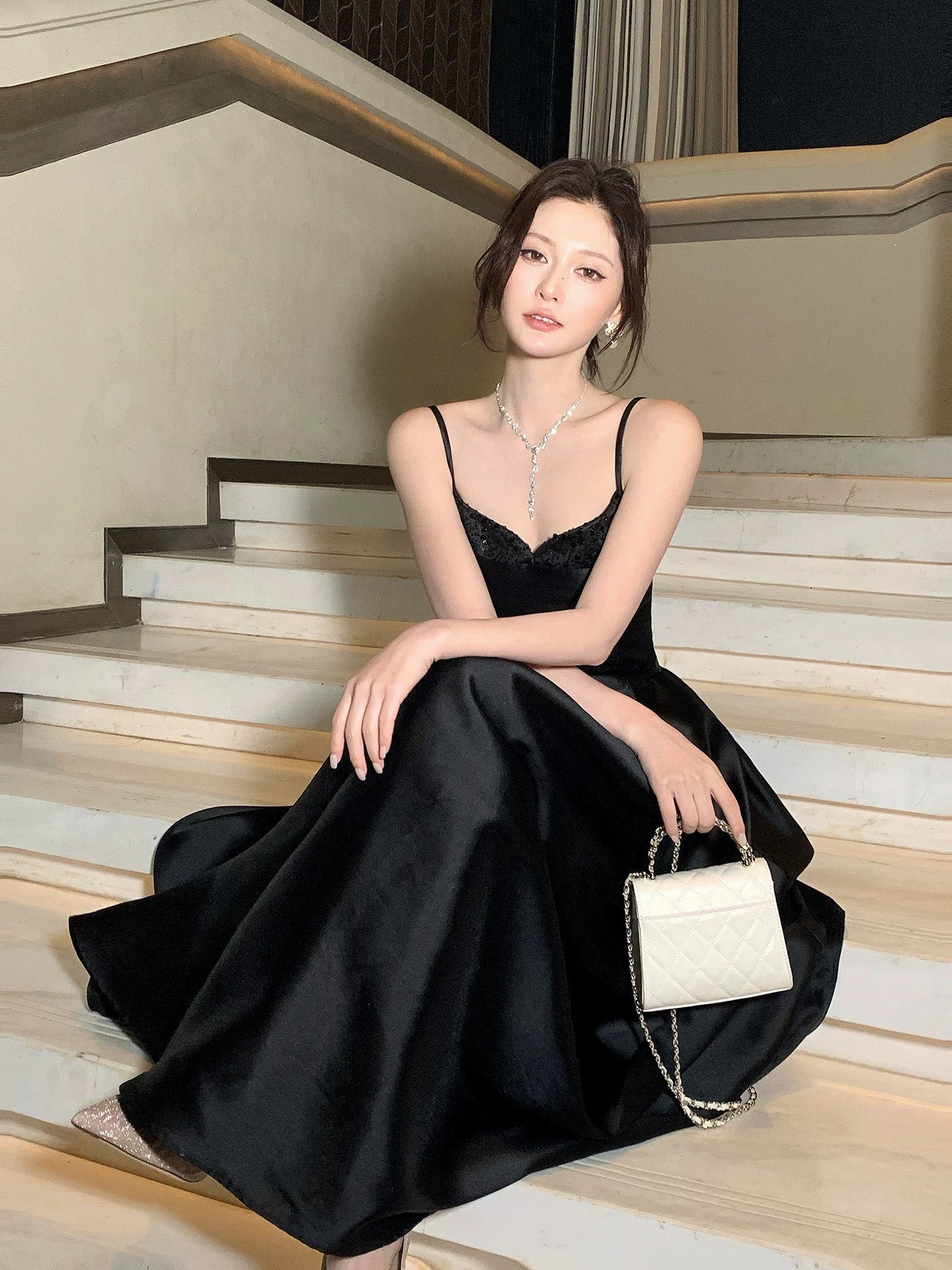 A-Line V Neck Satin Floor Length Black Prom Dress