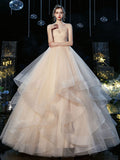 Champagne v neck tulle long wedding gown champagne wedding dress