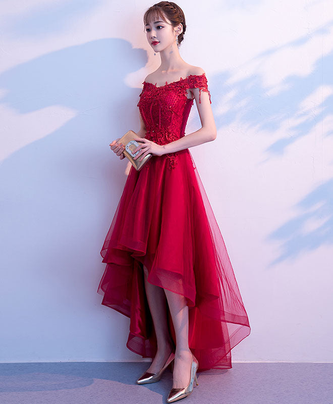 Burgundy Tulle Lace Prom Dress, Burgundy Tulle Evening Dress