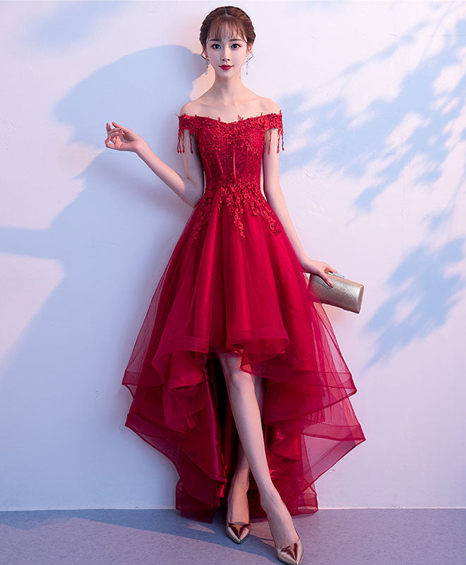 Burgundy Tulle Lace Prom Dress, Burgundy Tulle Evening Dress