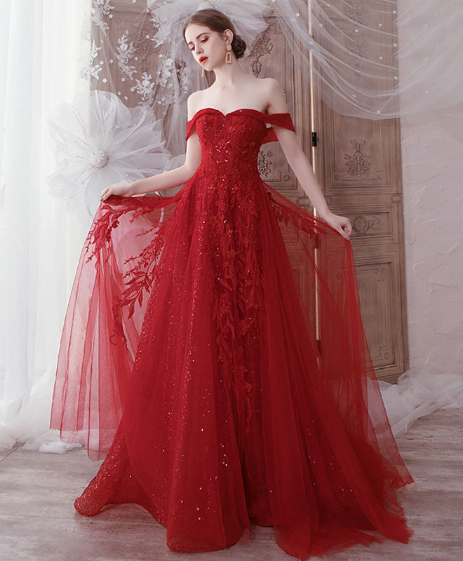 Burgundy Tulle Lace Off Shoulder Tulle Long Prom Dress Evening Dress