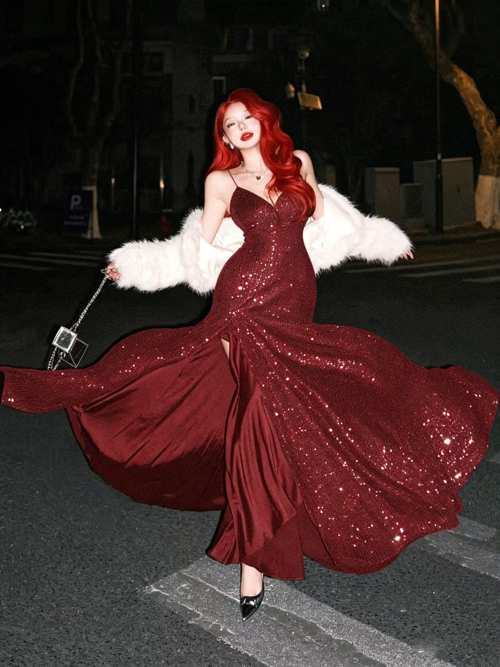 Mermaid V Neck Sequin Burgundy Long Prom Dress, Burgundy Party Dress
