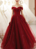 Burgundy Sweetheart Tulle Sequin Long Prom Dress, Formal Burgundy Graduation Dresses