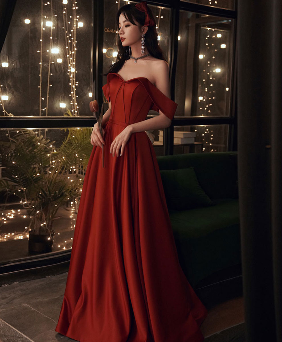 Simple Red Satin Long Prom Dress,  Formal Graduation Dresses