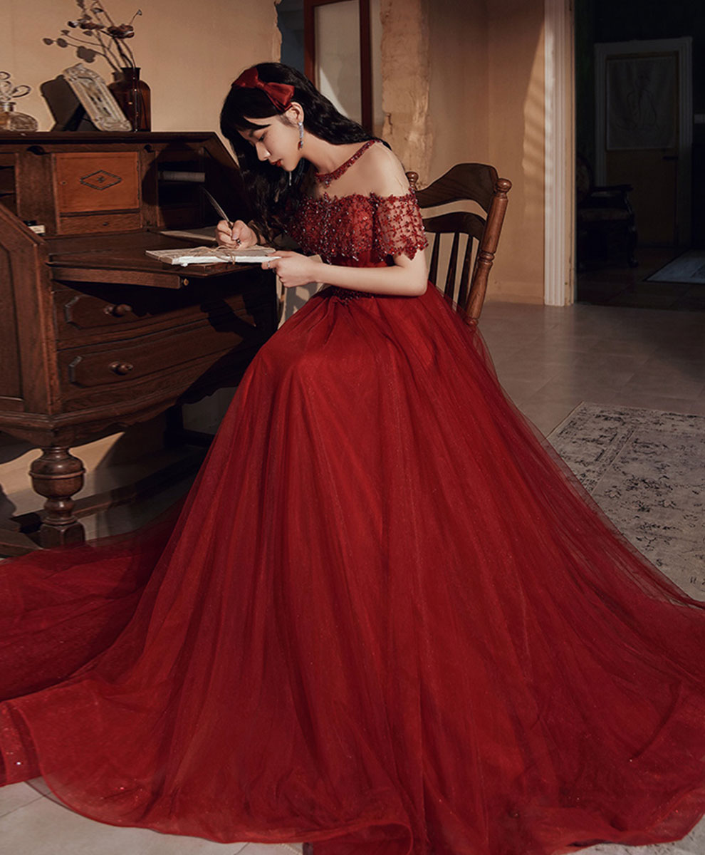 Burgundy Round Neck Beads Tulle Long Prom Dress, Burgundy Graduation Dresses