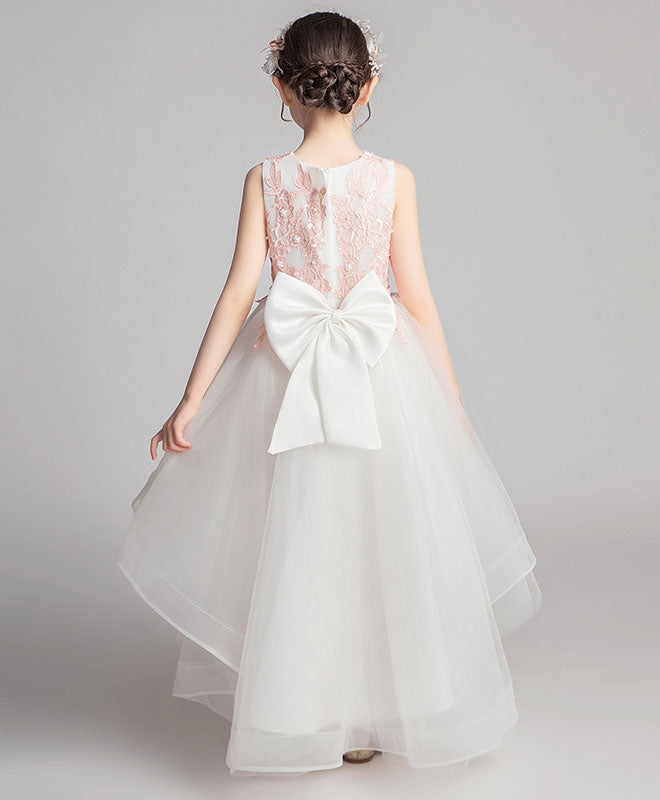 White Round Neck Tulle Lace High Low Prom Dress, Lace Flower Girl Dress