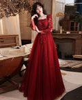 Burgundy Aline Lace Long Prom Dress, Burgundy Tulle Formal Graduation Dress