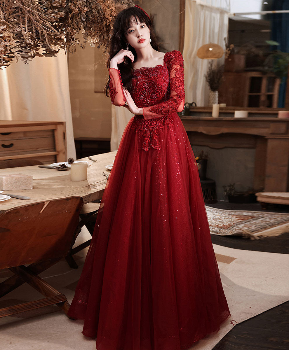 Burgundy Aline Lace Long Prom Dress, Burgundy Tulle Formal Graduation Dress