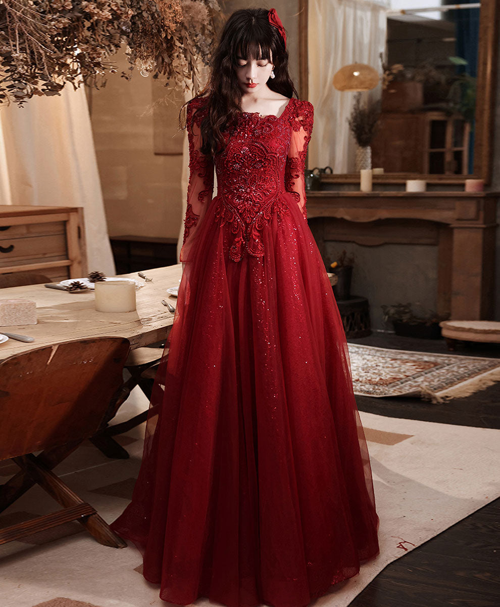 Burgundy Aline Lace Long Prom Dress, Burgundy Tulle Formal Graduation Dress