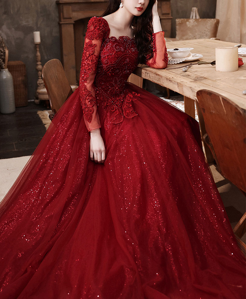 Burgundy Aline Lace Long Prom Dress, Burgundy Tulle Formal Graduation Dress