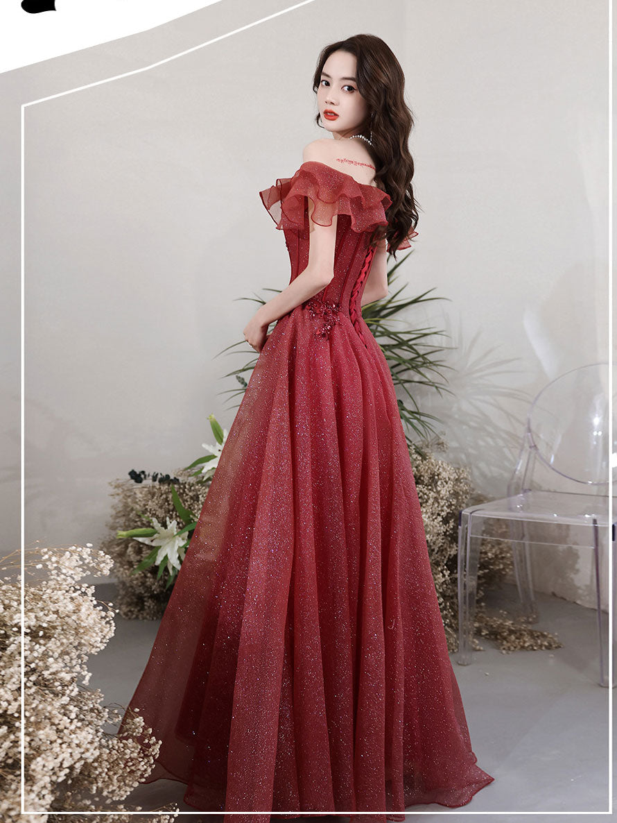 Burgundy Tulle Off Shoulder Long Prom Dress, Burgundy Evening Dress