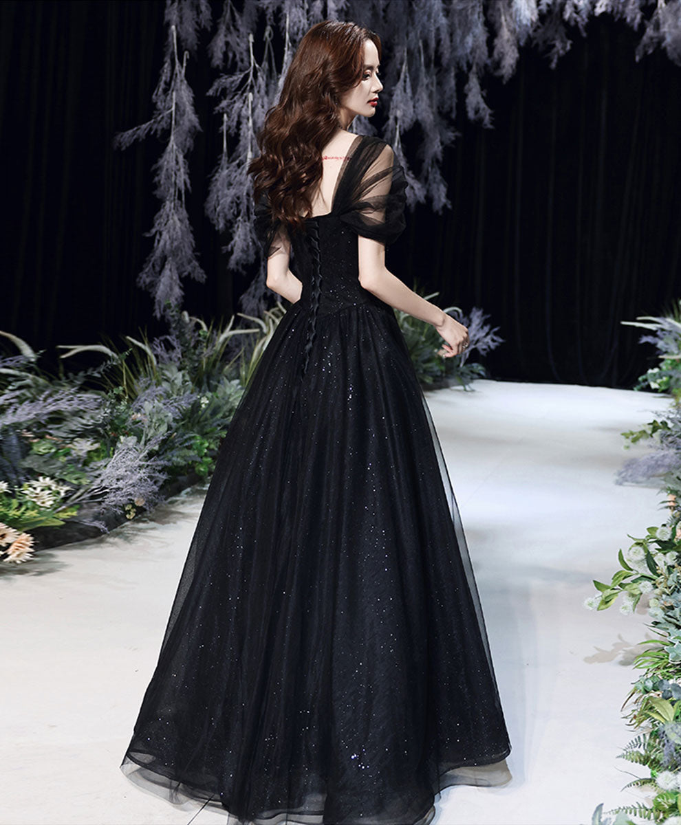 Black Tulle Off Shoulder Long Prom Dress, Black Formal Graduation Dresses
