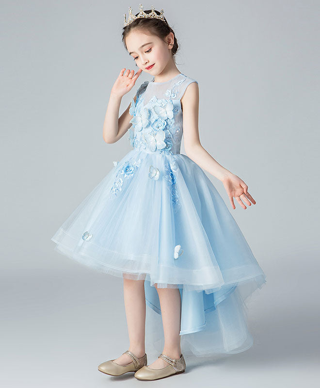 Blue Round Neck Tulle High Low Lace Prom Dress, Flower Girl Dress