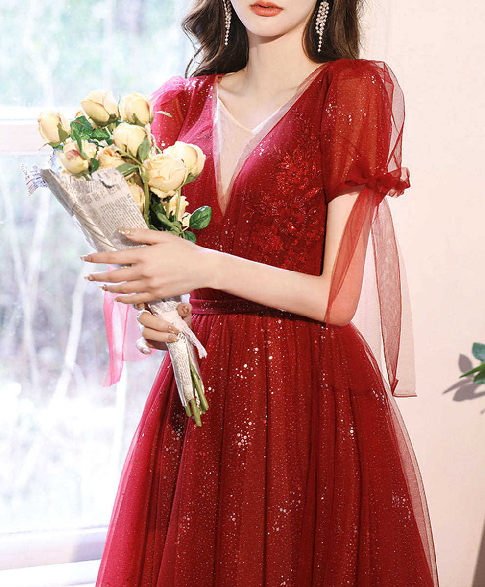 Burgundy V Neck Tulle Lace Long Prom Dress Burgundy Formal Dress