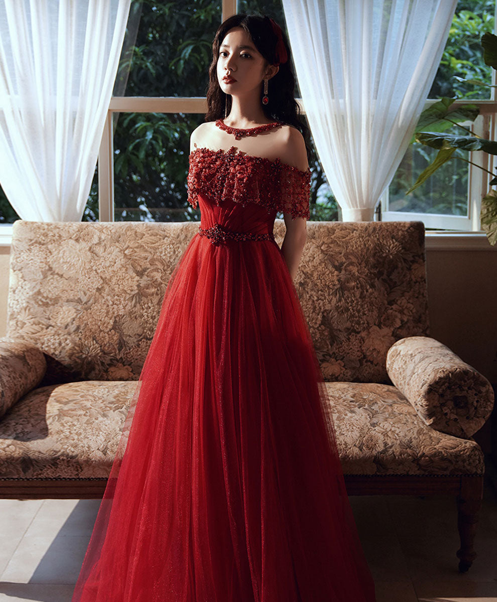 Burgundy Round Neck Beads Tulle Long Prom Dress, Burgundy Graduation Dresses