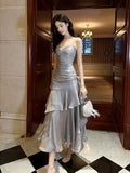 A-Line Sweetheart Neck Satin Gray Long Prom Dress