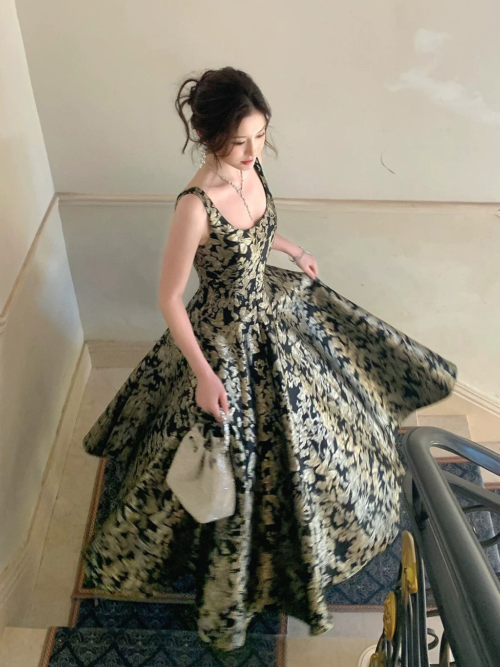 A-Line Floor Length Printed Satin Black Prom Dress