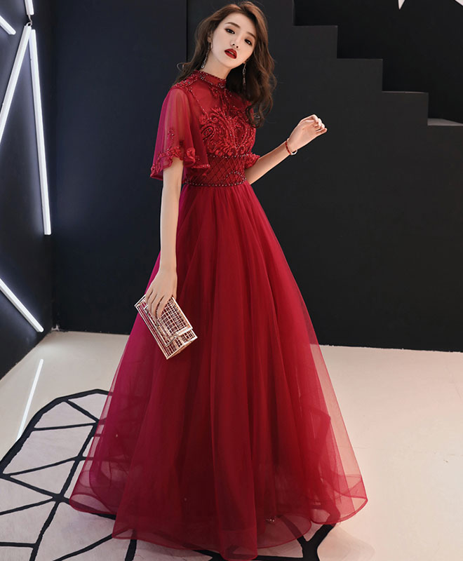 Burgundy Tulle Lace Long Prom Dress, Burgundy Evening Dress