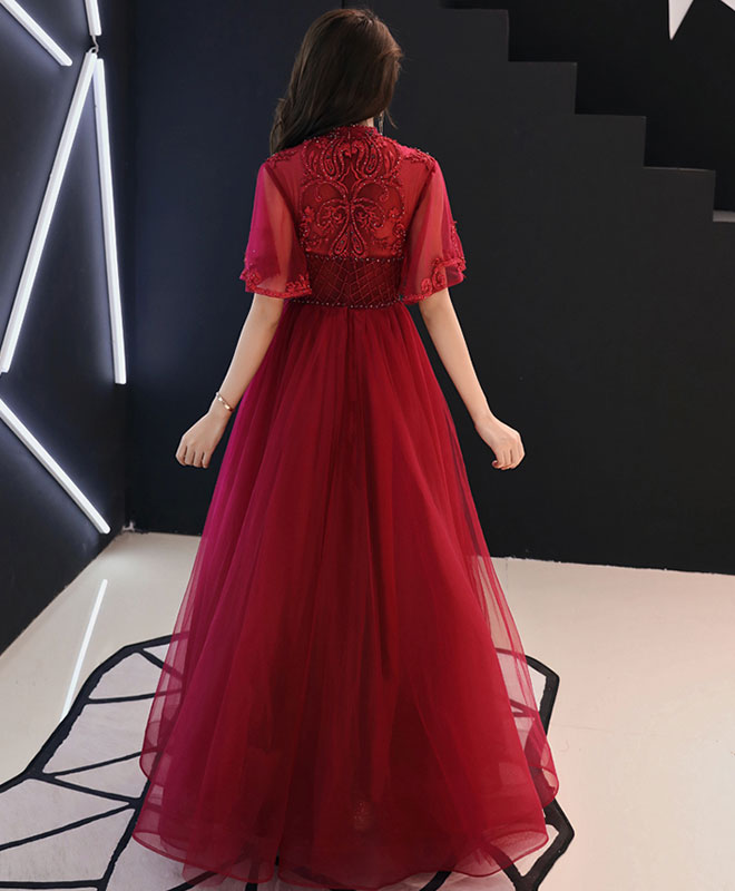 Burgundy Tulle Lace Long Prom Dress, Burgundy Evening Dress