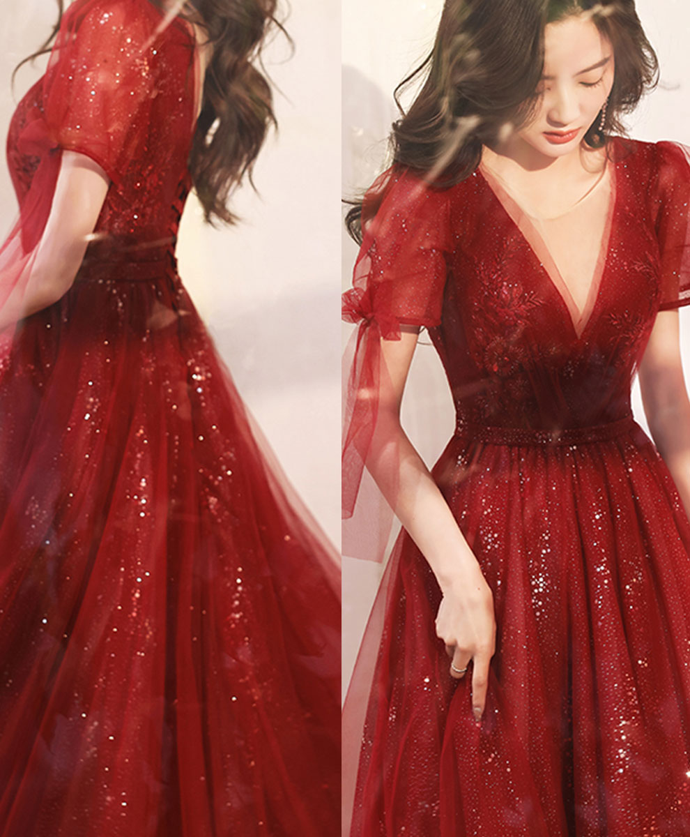 Burgundy V Neck Tulle Lace Long Prom Dress Burgundy Formal Dress