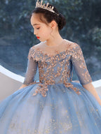 Blue Round Neck Tulle Sequin Lace Flower Girl Dress, Cute Blue Flower Girl Dress