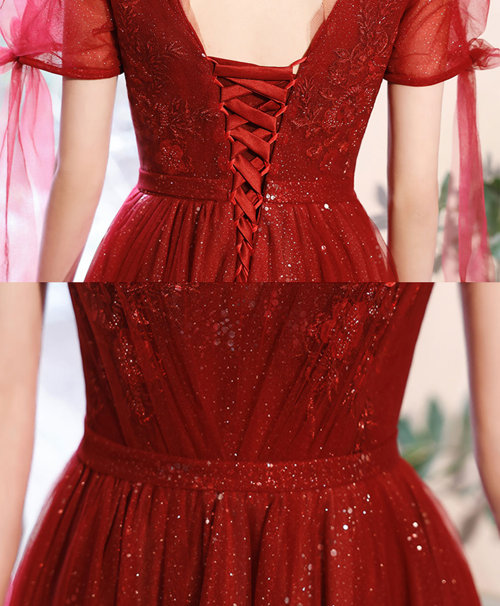 Burgundy V Neck Tulle Lace Long Prom Dress Burgundy Formal Dress