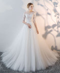 White Round Neck Tulle Lace Long Bridal Gown Lace Wedding Dress